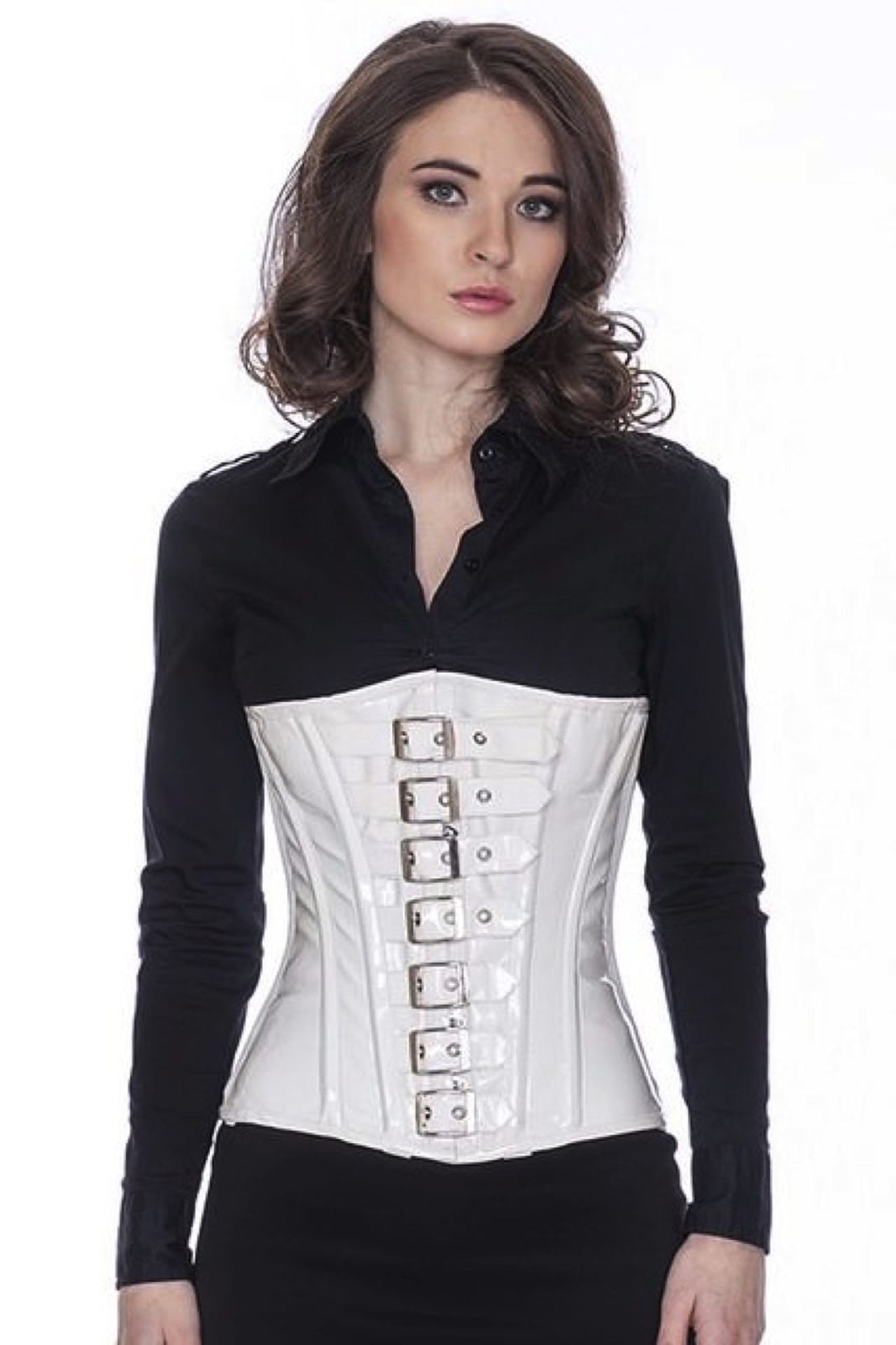 Corse blanco charol bajo pecho con hebillas corset pc76