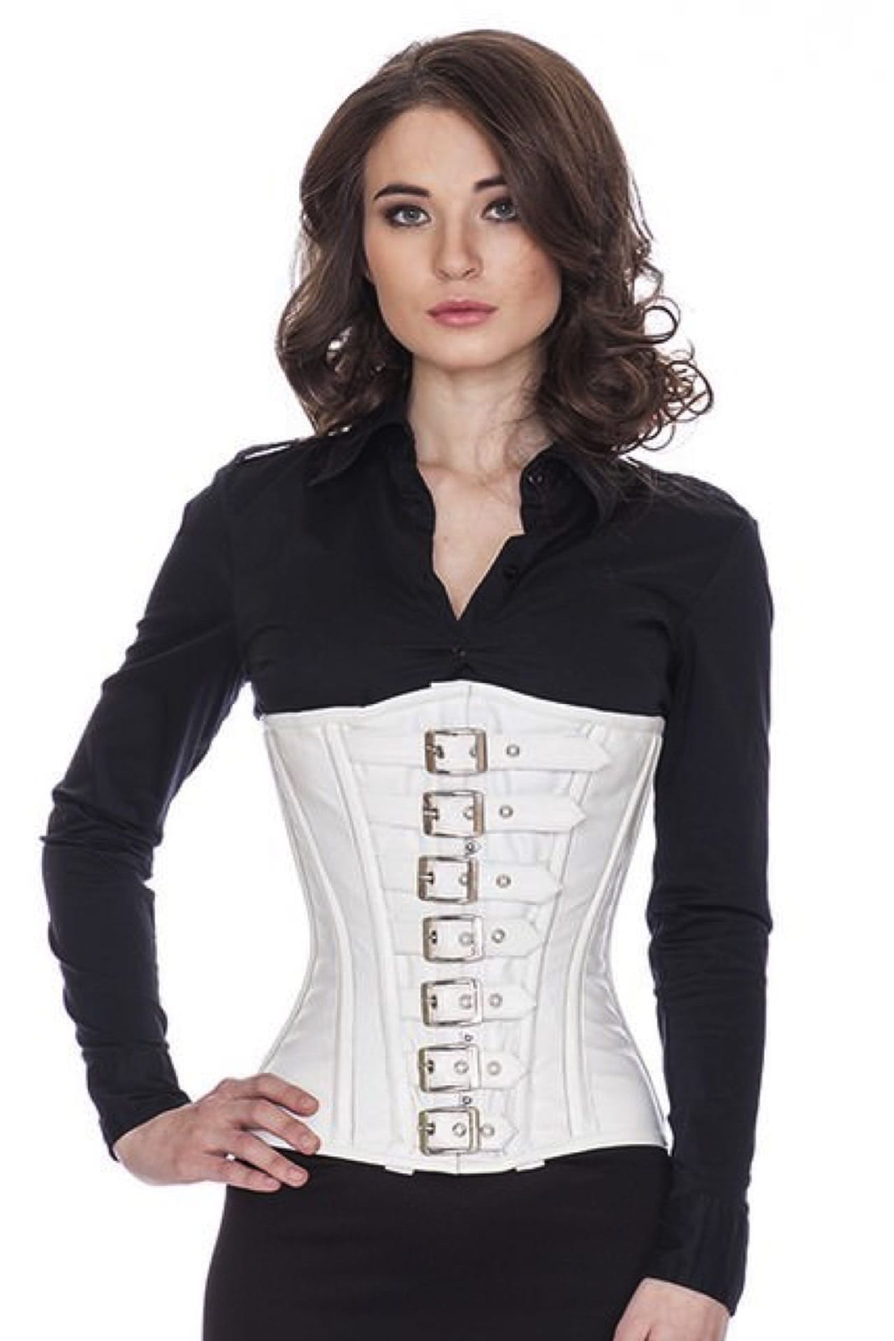 Corset white leather underbust with buckles lc21