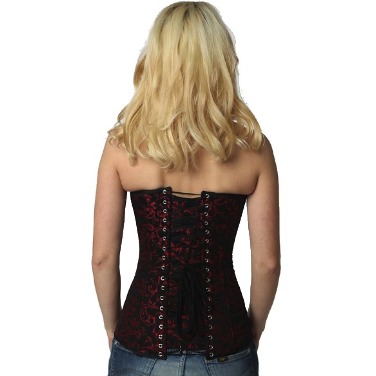 Red brocade overbust corset for a perfect silhouette Back view of a model in an authentic brocade tightlacing full-bust corset in red with classic back lacing