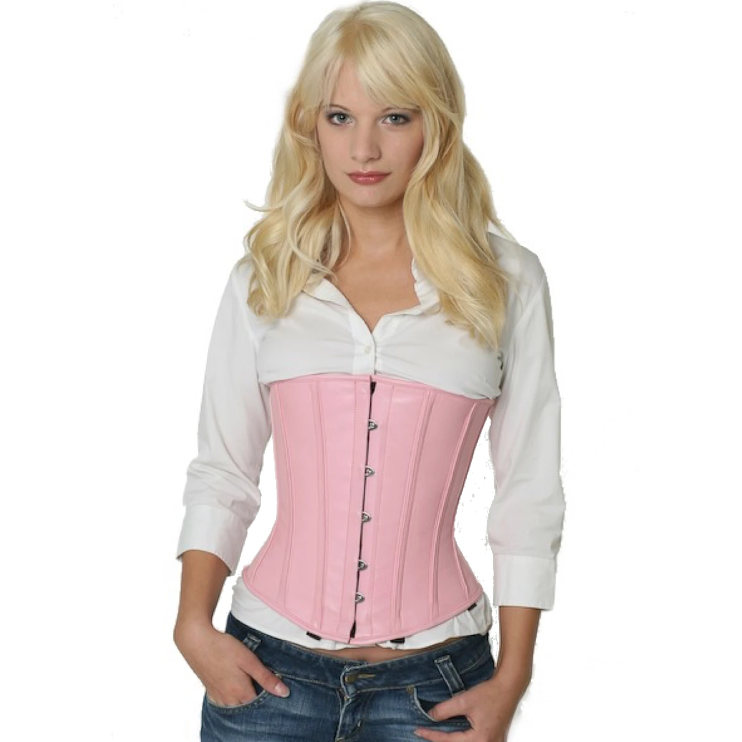 Lærkorsett underbust-korsett rosa – snørekorsett i ekte lær Modell bærer det underbyste-lærkorsettet i rosa. Ekte snørekorsett for midjereduksjon på opptil 10 cm, forside.
