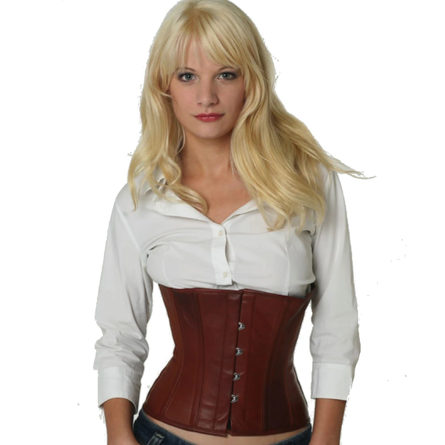 Serre-taille en cuir véritable, brun naturel clair Mannequin portant le taillenkorsett-corset en cuir en marron clair en vue de face pour une réduction de taille allant jusqu'à 10cm.