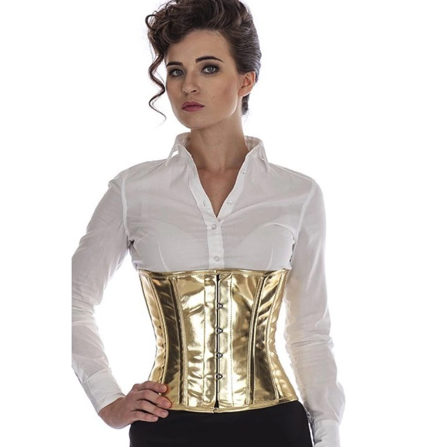 PVC Corset Waist Corset Metallic Gold – Genuine Lace-Up Corset with Steel Boning Model wearing a short vinyl waist cincher corset in gold glitter with cotton inner lining