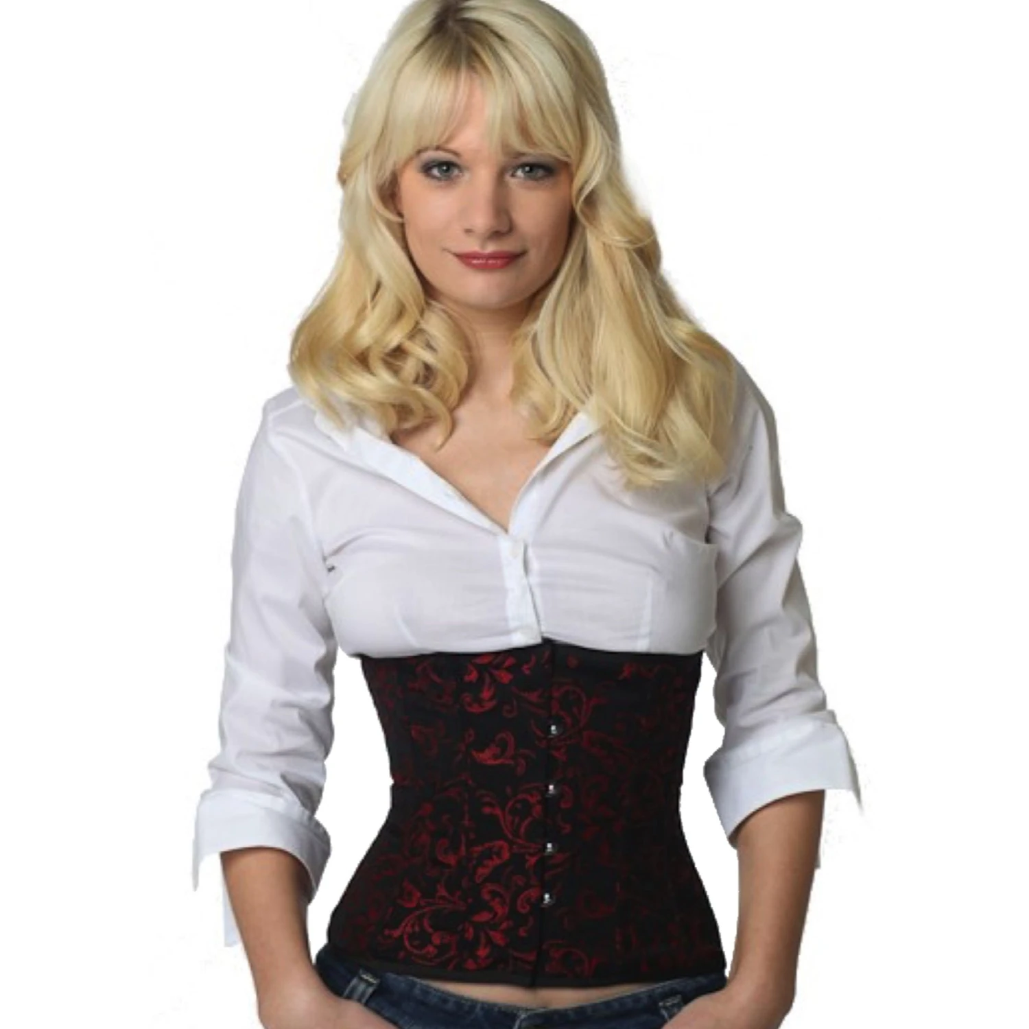 Brocade Corset Waist Corset Red Model wearing a short brocade waist cincher corset in red with cotton inner lining