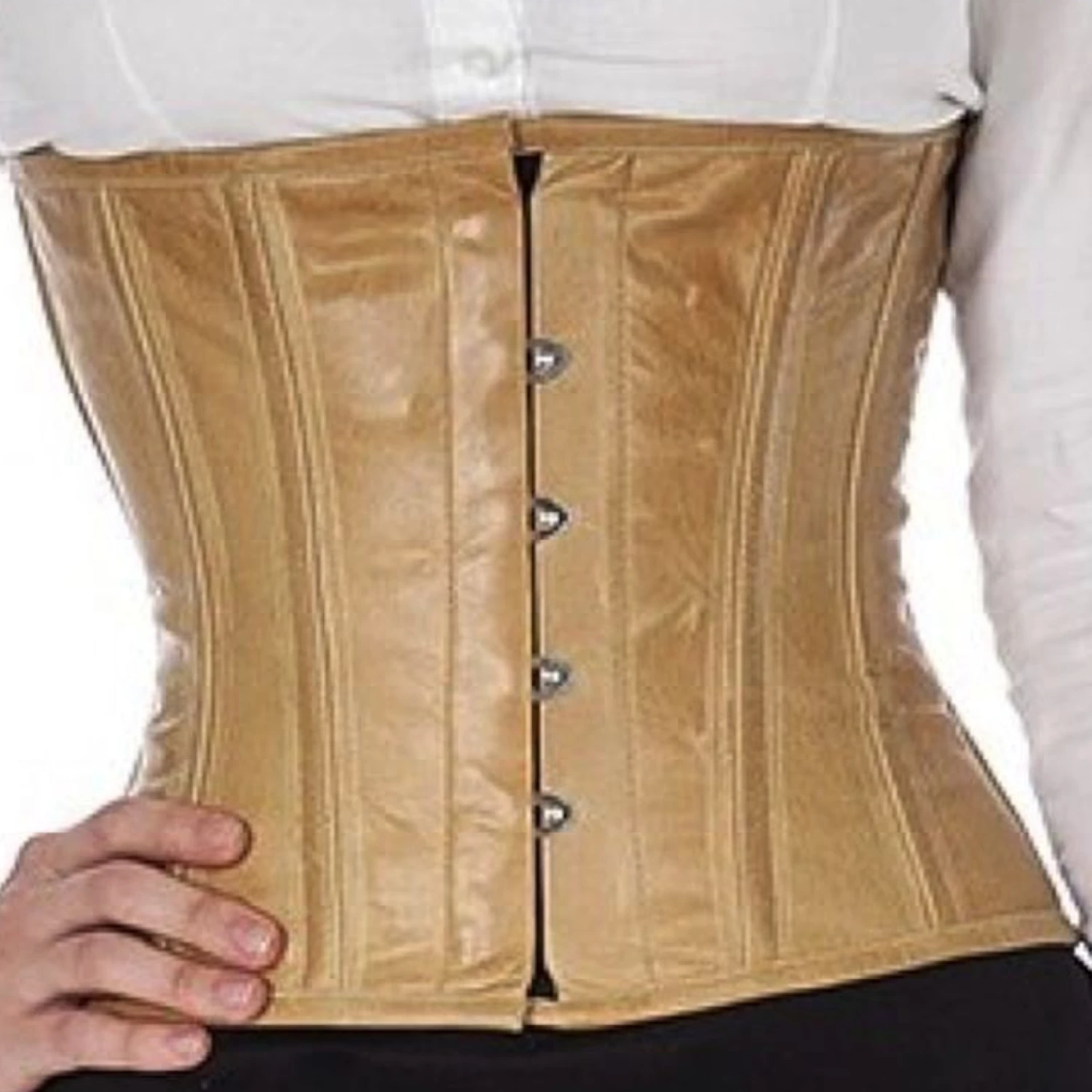 Leren korset taille korset beige Leren korset als een echte taillenkorsett in beige gemaakt van leer zonder model aan de voorkant voor taillevermindering.