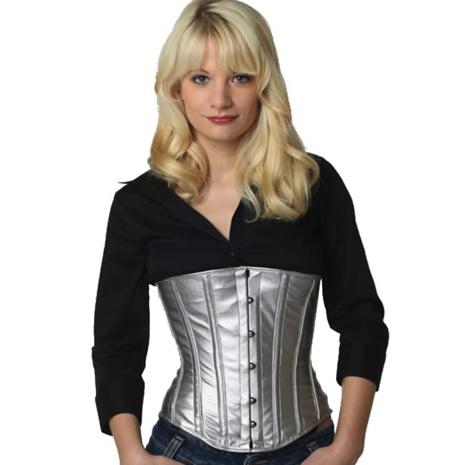 Lackkorsett Unterbrustkorsett Silber mit Edelstahl-Korsettstange Modell trägt ein klassisches Lack-Unterbrustkorsett in silber mit Innenfutter aus Baumwolle