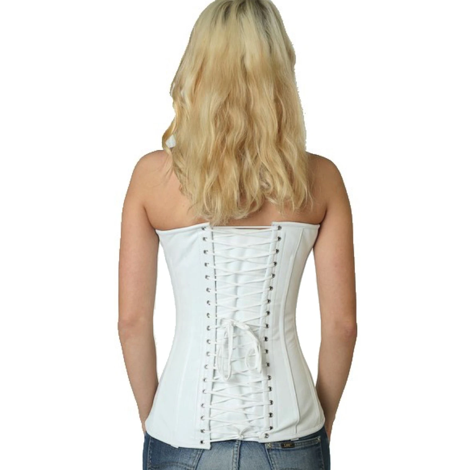 Espartilho de couro de busto completo branco – couro genuíno em tamanhos padrão e sob medida Vista traseira na modelo para o corset de couro vollbrustkorsett em branco com amarração clássica nas costas e 14 barbatanas de aço inoxidável.
