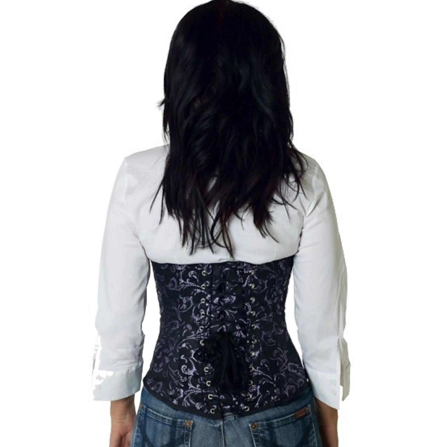 Brocade Underbust Corset in Violet Back view of a model in a brocade underbust tightlacing corset in purple with classic back lacing