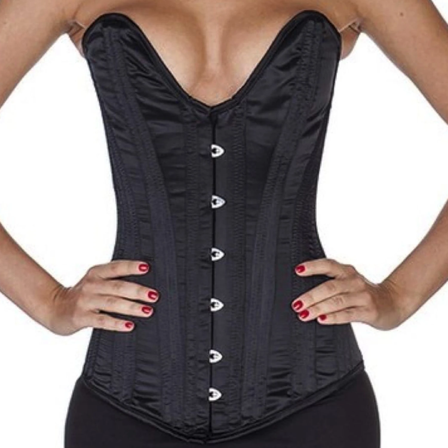Overbust corset in black cotton satin with a deep plunge neckline Overbust corset in black cotton satin with a deep plunge neckline